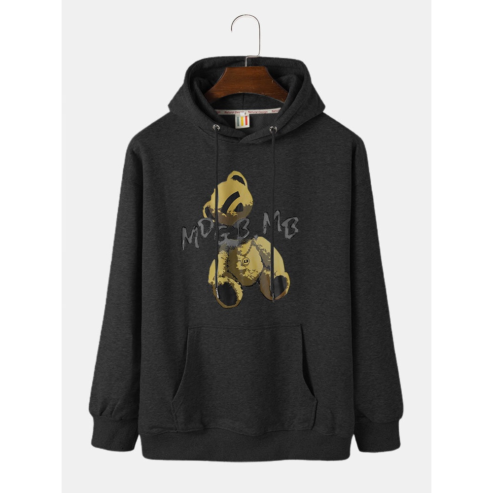 Mens Kangaroo Pocket Preppy Bear Printed Pullover Hoodies - White L