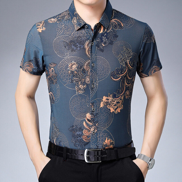 Short-sleeved shirts mens large size printing shirt casual - M Navy Blue