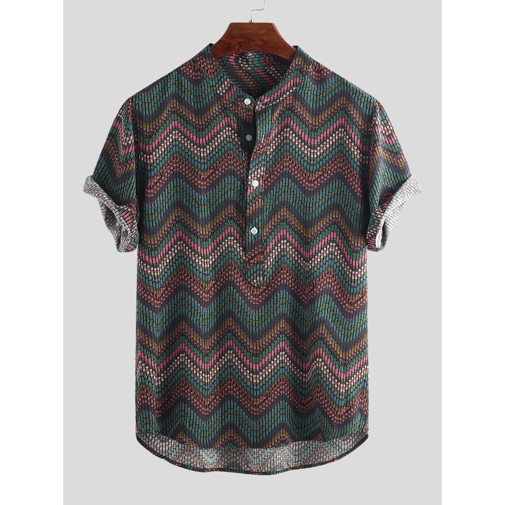 Mens Weave Striped Printed Chevron Stand Collar Short Sleeve Loose Henley Shirts - Yellow 2XL