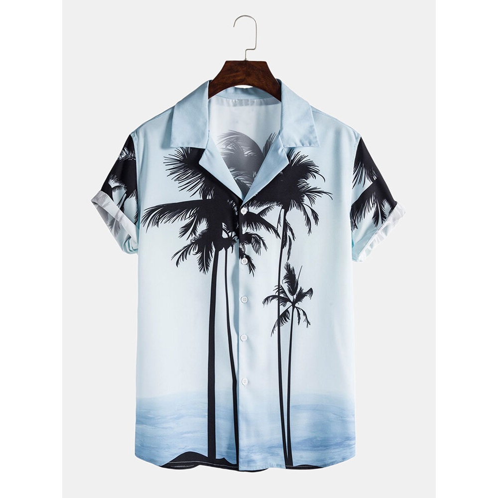 Mens Tropical Coconut Tree Print Lapel Collar Short Sleeve Hawaii Casual Shirts - Blue XL