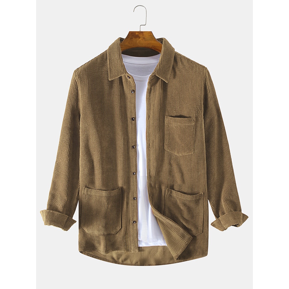 Men Corduroy Multi Pockets Turn Down Collar Casual Vintage Shirts - Brown 3XL