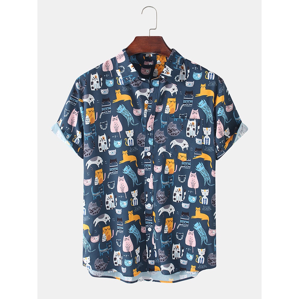 Mens Cat  Decoration Print Short Sleeve Casual Shirts - Black XL