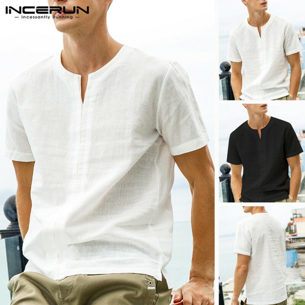 Men's Soft Linen Cotton Short Sleeve V-Neck T-shirt Tops Blouse Tee Casual Summer - 2XL White - Image 2