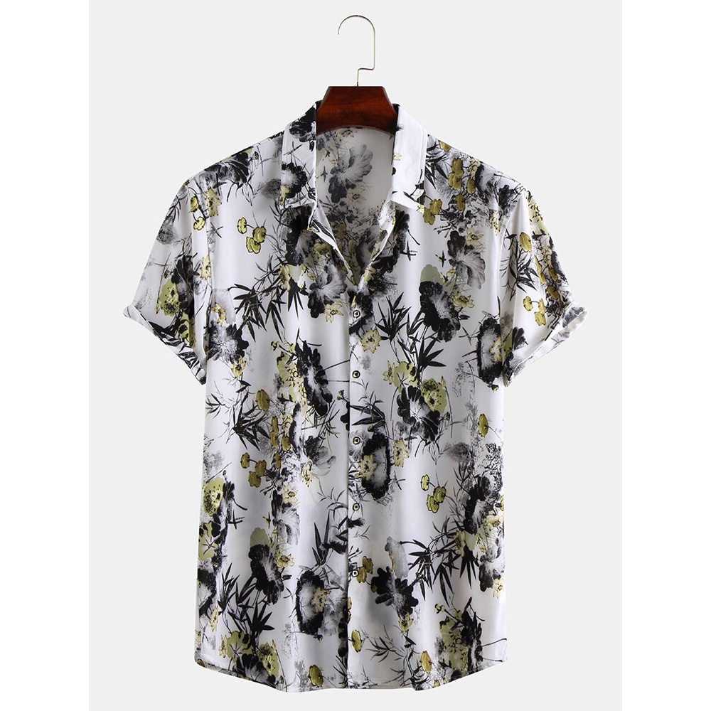 Men Ink Oriental Floral Print Short Sleeve Relaxed Shirts - 4XL Gray