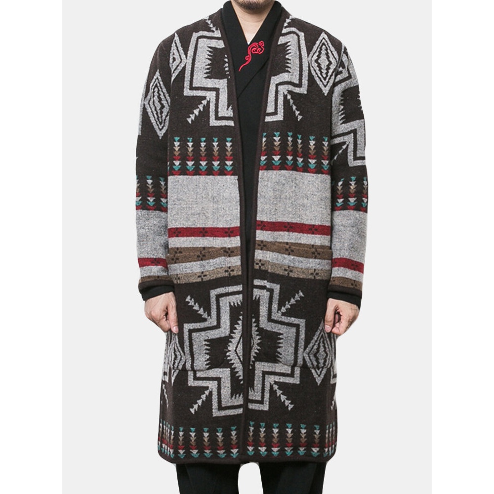 Mens Mid Long Ethnic Printing Pattern Chic Cardigans Coats - S Gray