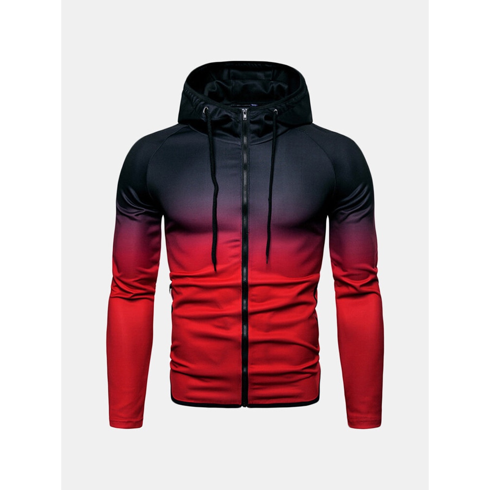 Mens Gradient Slim Fit Zipper Up Gradually Changing Color Casual Sport Hoodies Sweatshirts - XXL Black + Red