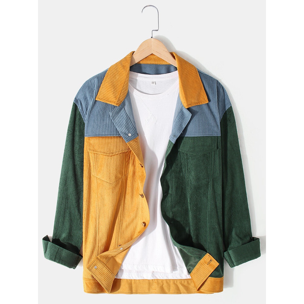 Mens Corduroy Stitching Double Pocket Lapel Long Sleeve Shirts - Yellow XL