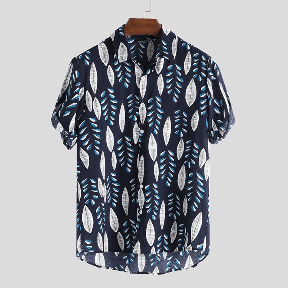 Men Leaf Drop Print Short Sleeve Hawaiian Shirts - 2XL Navy