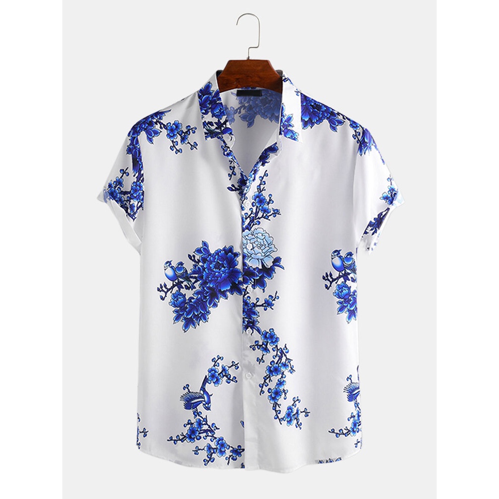 Men Porcelain Floral Print Short Sleeve Relaxed Shirts - S Blue
