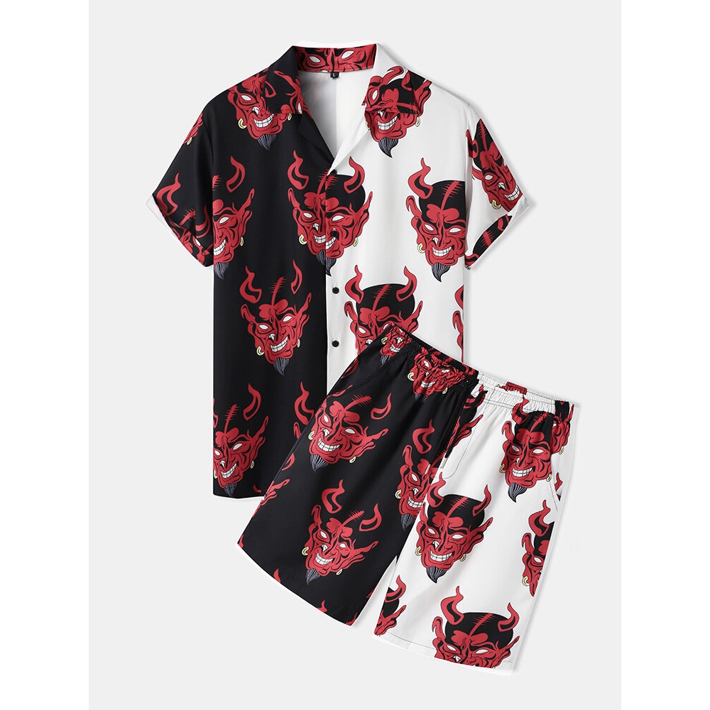 Mens Evil Pattern Casual Shirts Shorts Two Pieces Outfits - Pink 2XL