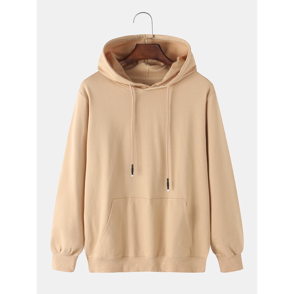 Mens Cotton Solid Color Kangaroo Pocket Long Sleeve Simple Hoodies - Khaki M
