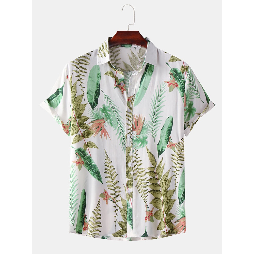 Men Tropical Plant Leaves Print Turn Down Collar Hawaii Beach Short Sleeve Shirts - White S