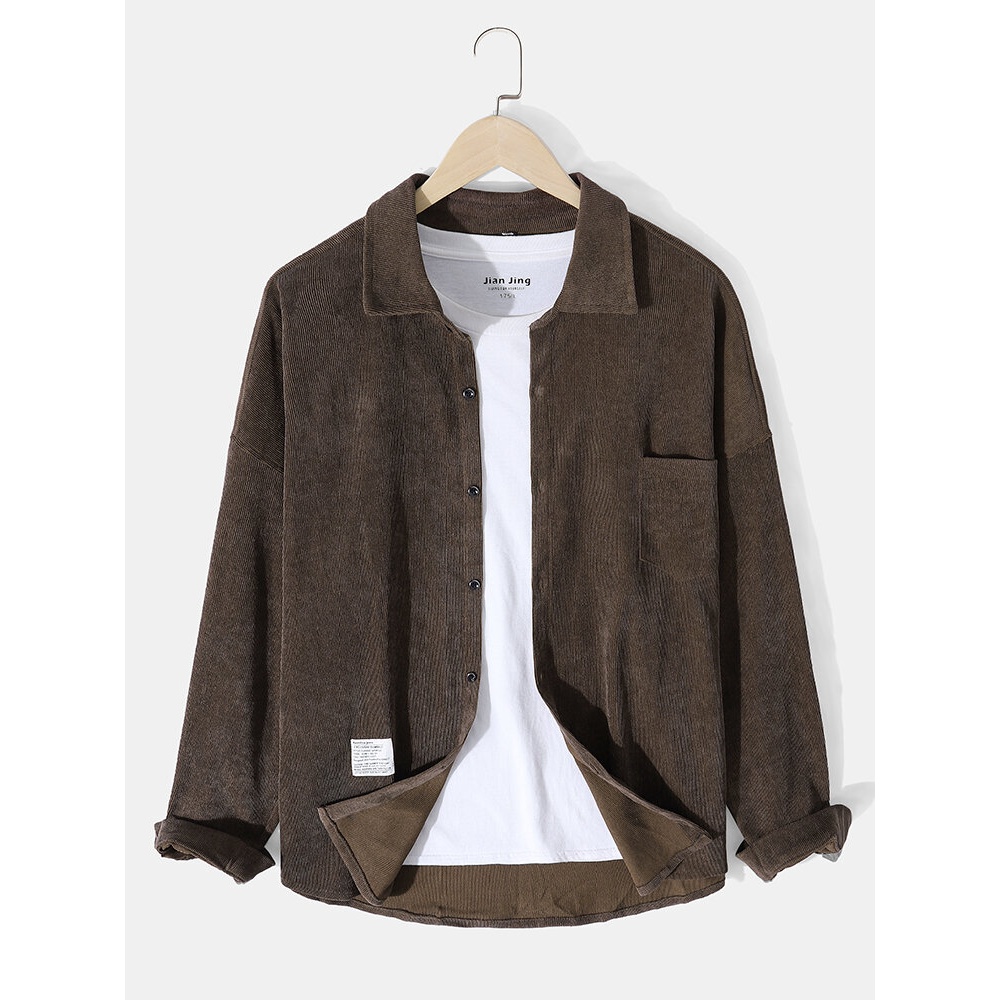 Mens Corduroy Solid Label Long Sleeve Casual Shirt - Black M