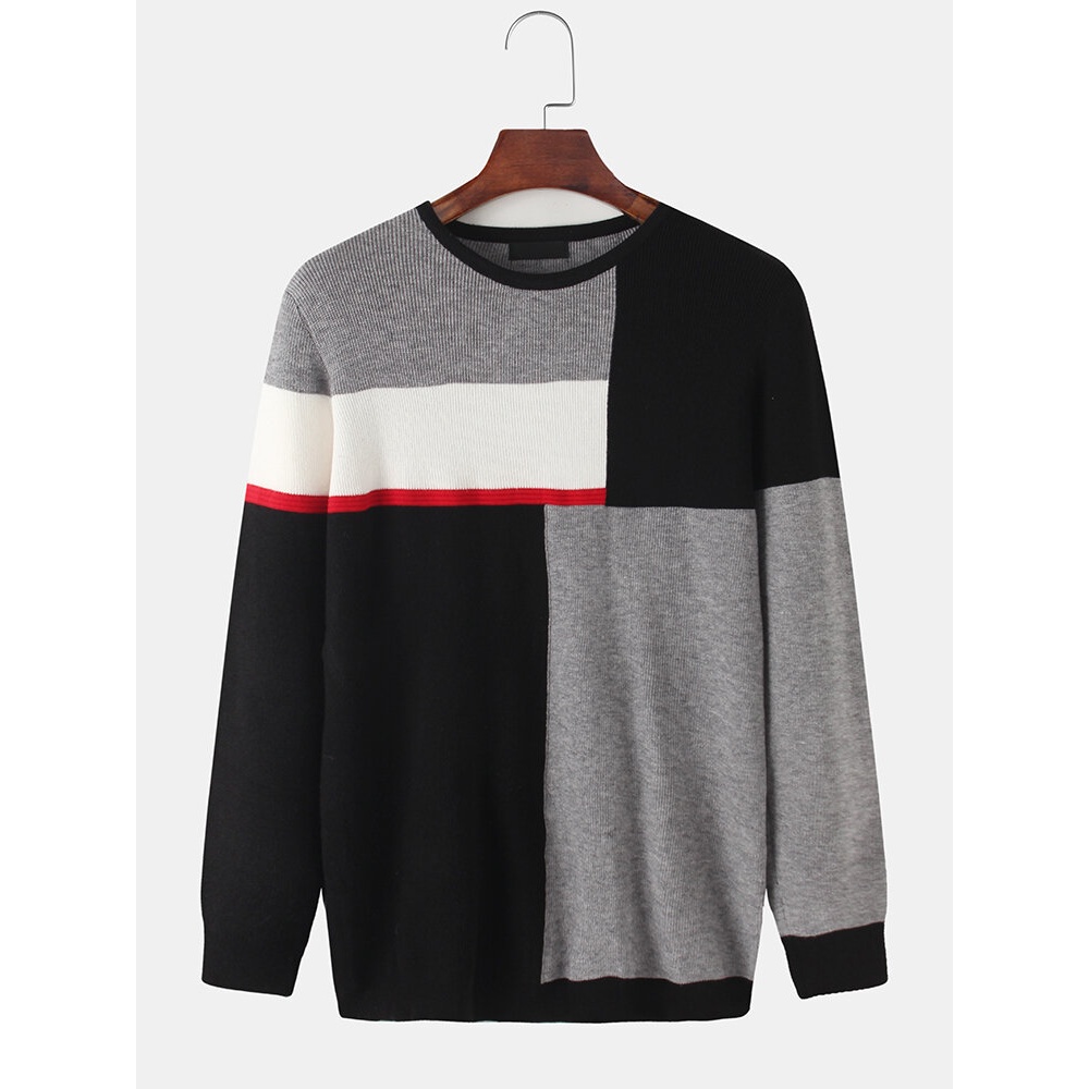 Mens Color Block Patchwork Knit Round Neck Casual Long Sleeve Pullover Sweaters - M Grey
