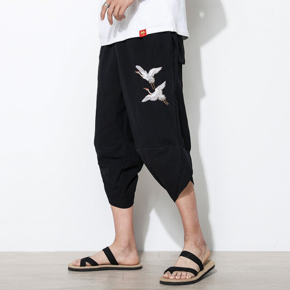 Loose Breathable Cotton Linen Chinese Style Casual Shorts - 33 Black