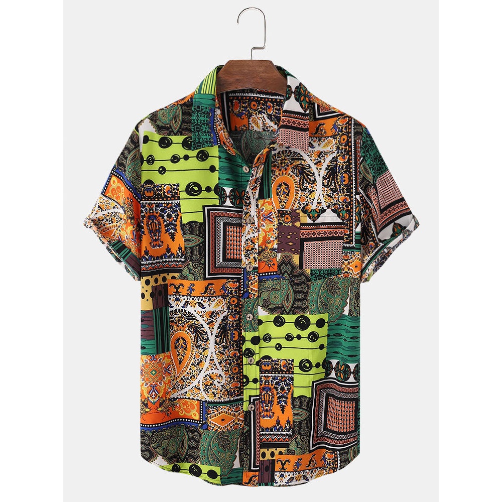 Mens Tribal Print Ethnic Style Lapel Short Sleeve Shirts - Green XL