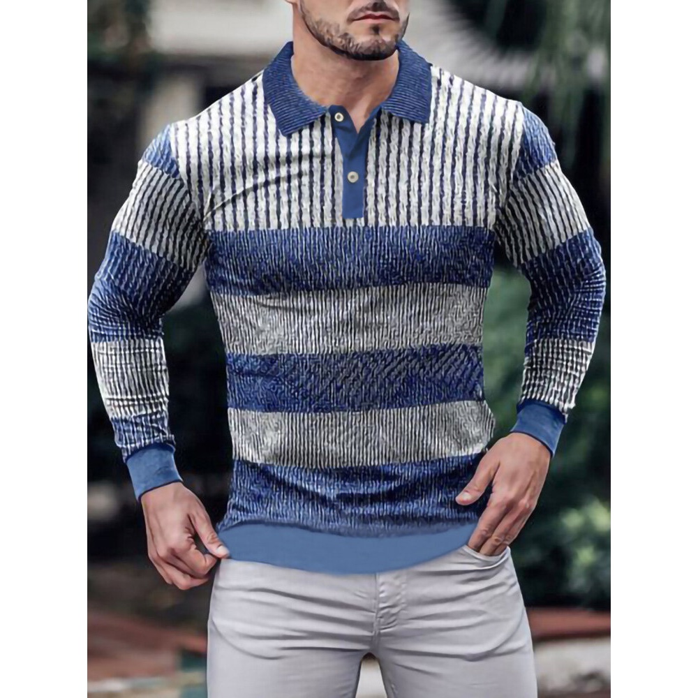 Men Striped Color Block Button Long Sleeve Casual Pullover Golf Shirts - Blue M
