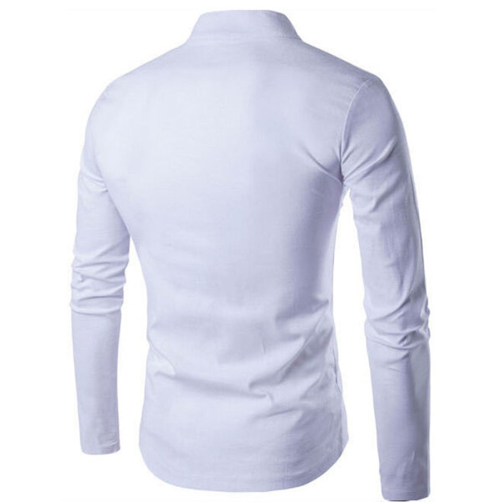 Mens Flax Chinese Style Stand Collar Casual Long Sleeve Buckle Vintage Slim Fit Shirt - S White - Image 2