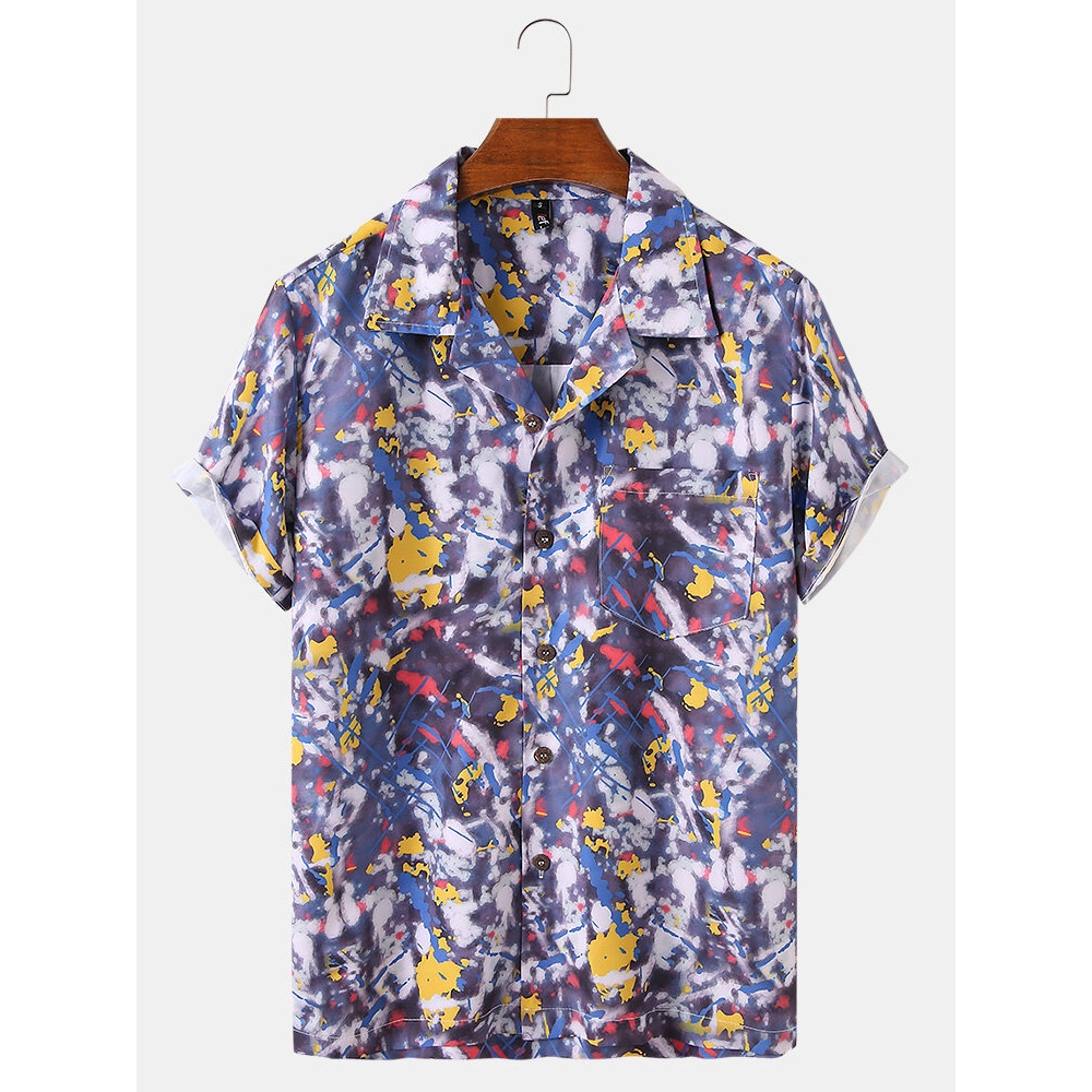 Colorful Graffiti Pattern Mens Revere Collar Pocket Short Sleeve Shirts - Grey M