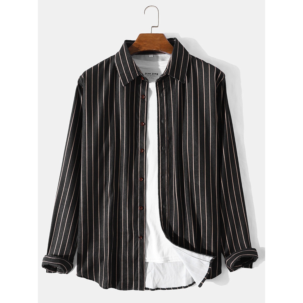 Men Striped Corduroy Button Up Vintage Casual Long Sleeve Shirts - Brown M