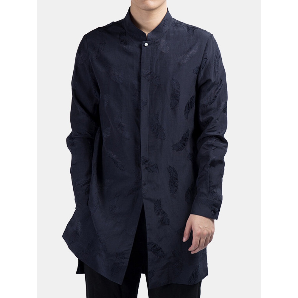 Men's National Cotton Linen Leaf Jacquard Long Style Loose Casual Shirts - L White