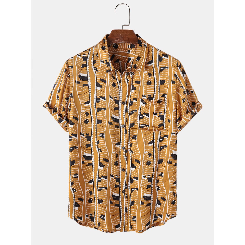 Mens Geometry Graphics Print Lapel Short Sleeve Holiday Shirts - Black S