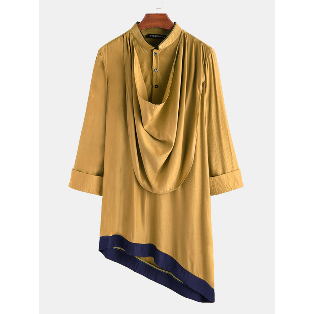 Mens Indian Traditional Tunic Long Sleeve Irregular Henley Shirts - 4XL Yellow