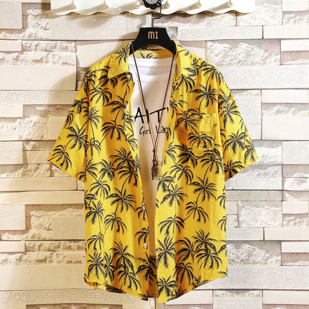 Season New Japanese Original Large Size Beach Men's Short-sleeved Shirt Fashion Casual Print Shirt - M Yellow - Image 2