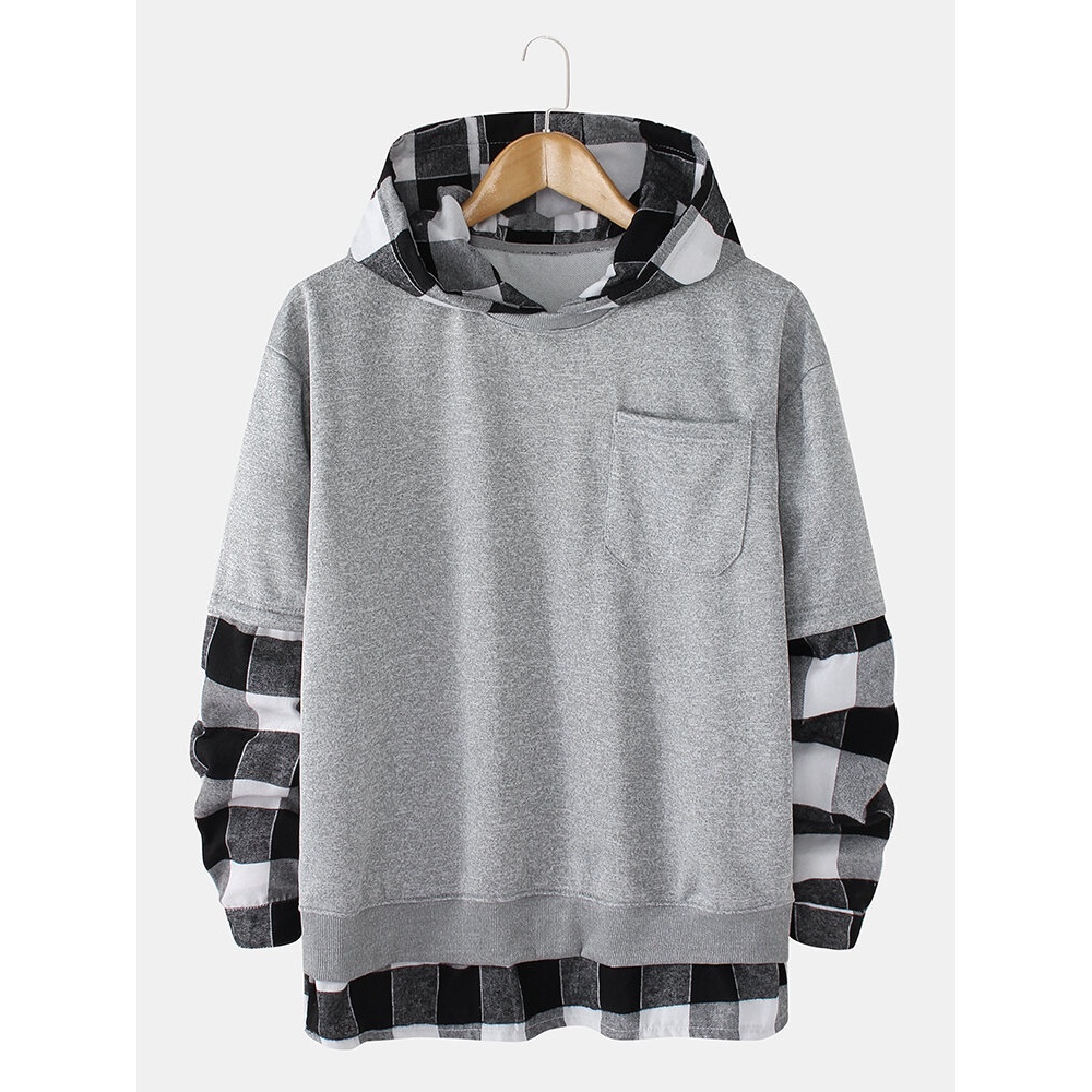Mens Plaid Patchwork Faux Twinset Drop Shoulder Hoodies With Pocket - Grey XL