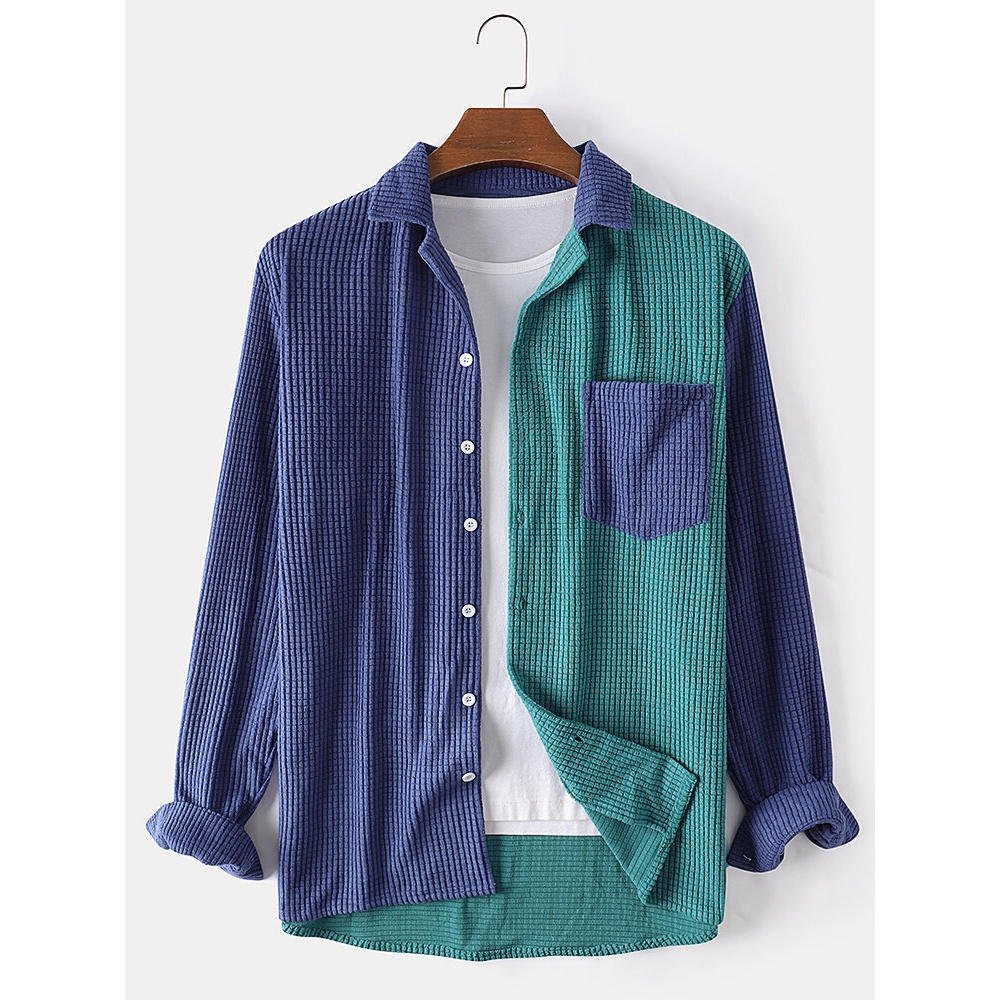 Mens Corduroy Patchwork Button Up Long Sleeve Shirts - Blue M