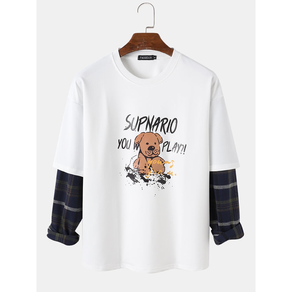 Mens Letter & Cartoon Dog Print Drop Shoulder Patchwork Plaid Sweatshirts - Black L