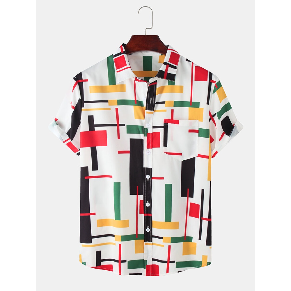 Mens Geometry Block Print Short Sleeve Design Shirts - White XL
