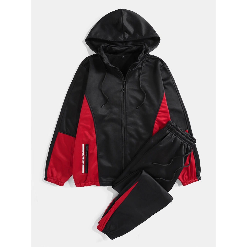 Mens Patchwork Zipper Sports Two-Piece Outfits With Removable Hood - M Grey