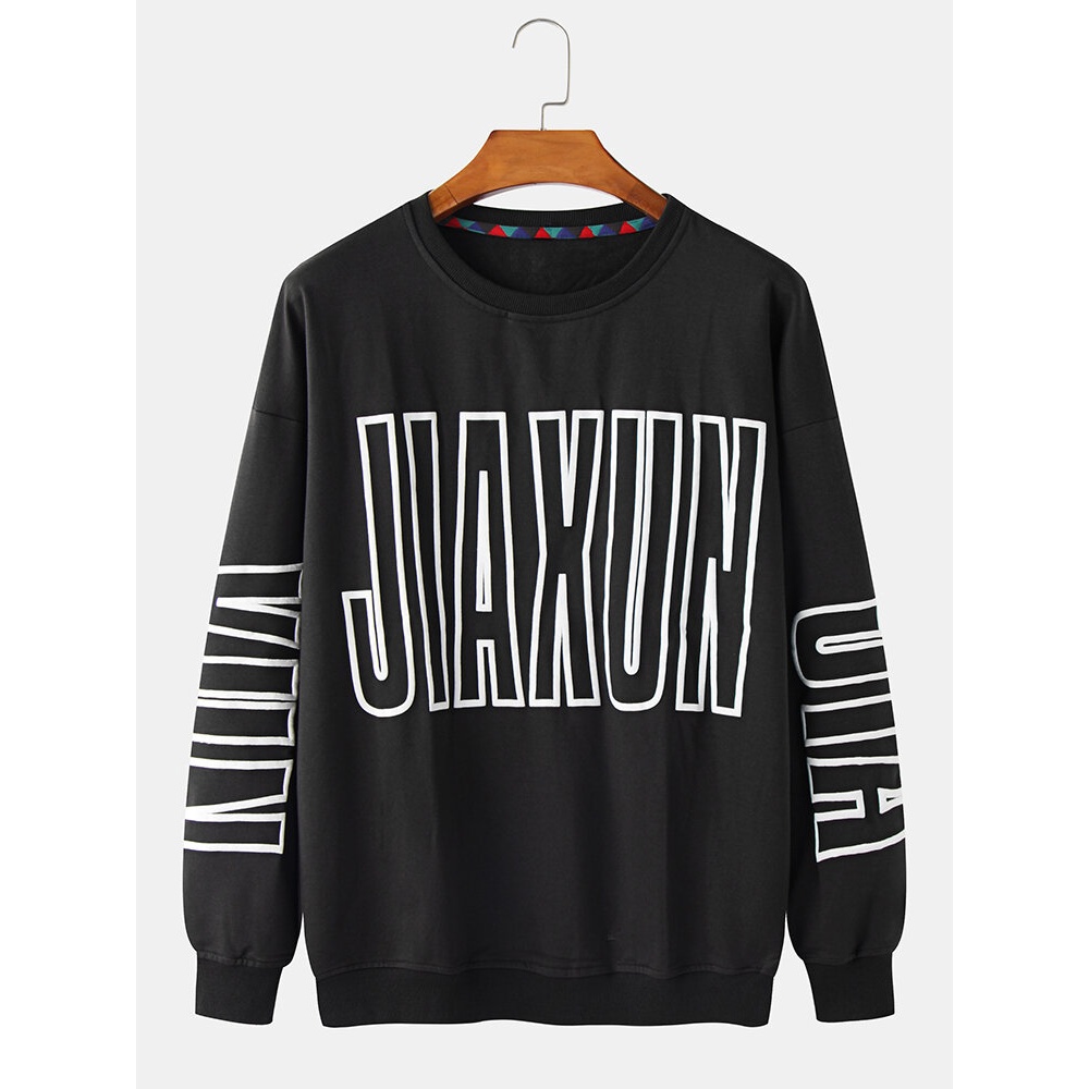 Mens Large Letter Print Crew Neck Cotton Loose Drop Sleeve Sweatshirts - Grey 3XL