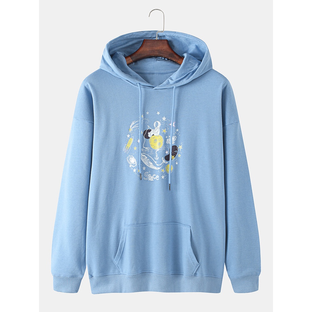 Mens Funny Space Astronaut Graphic Cotton Drop Shoulder Hoodies - Black M