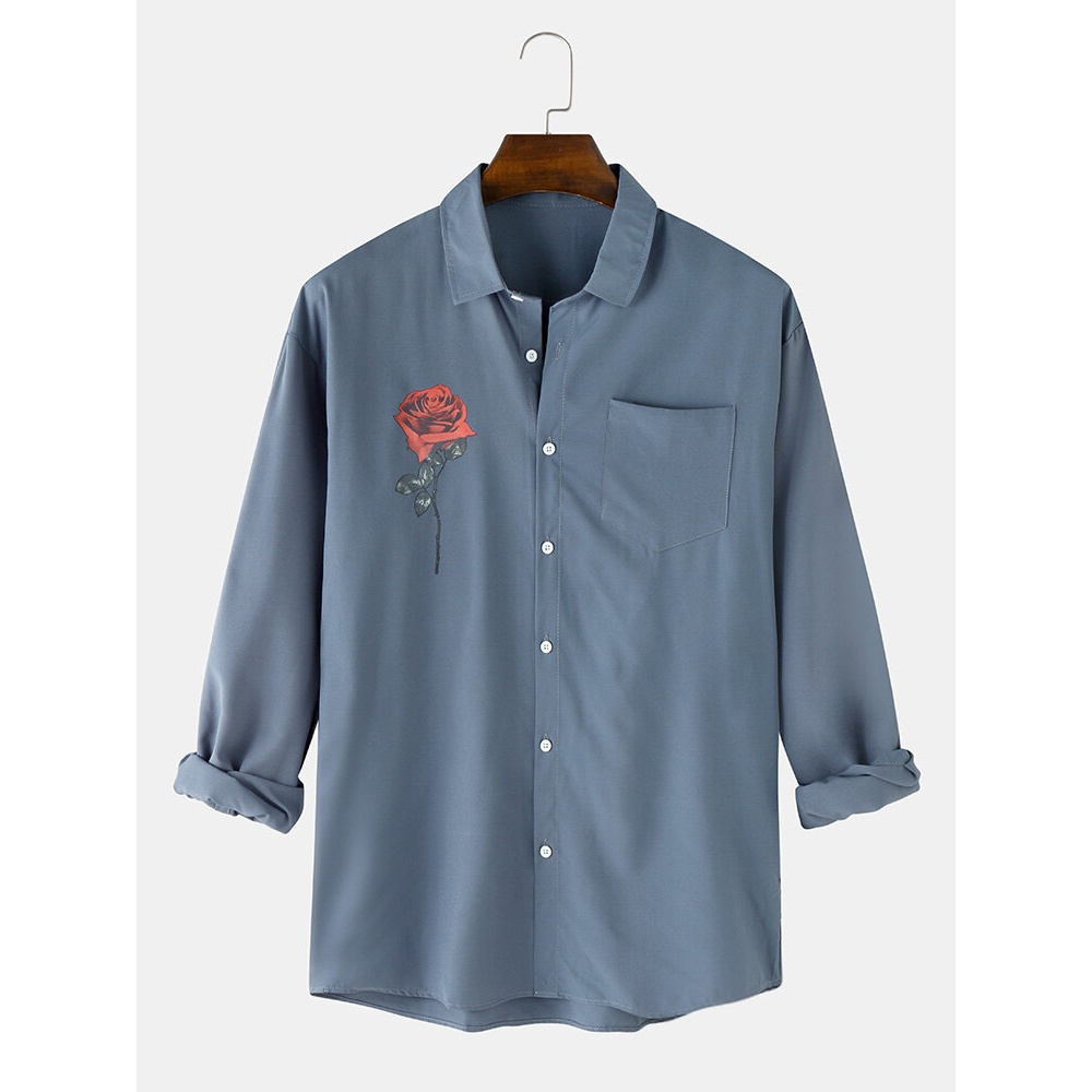 Mens Rose Printed Pocket Button Loose Vintage Shirt - Blue grey XL