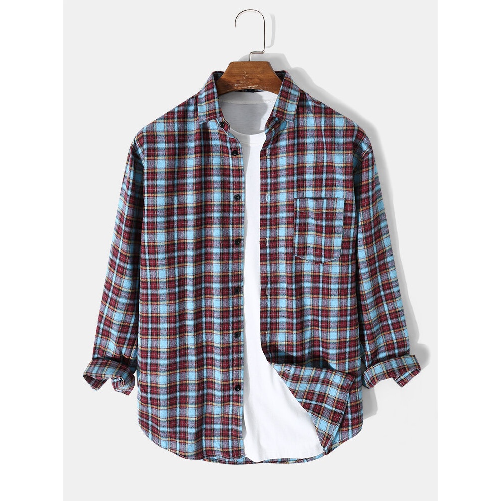 Mens Casual Plaid Long Sleeve Daily Lapel Shirt - Brown 3XL