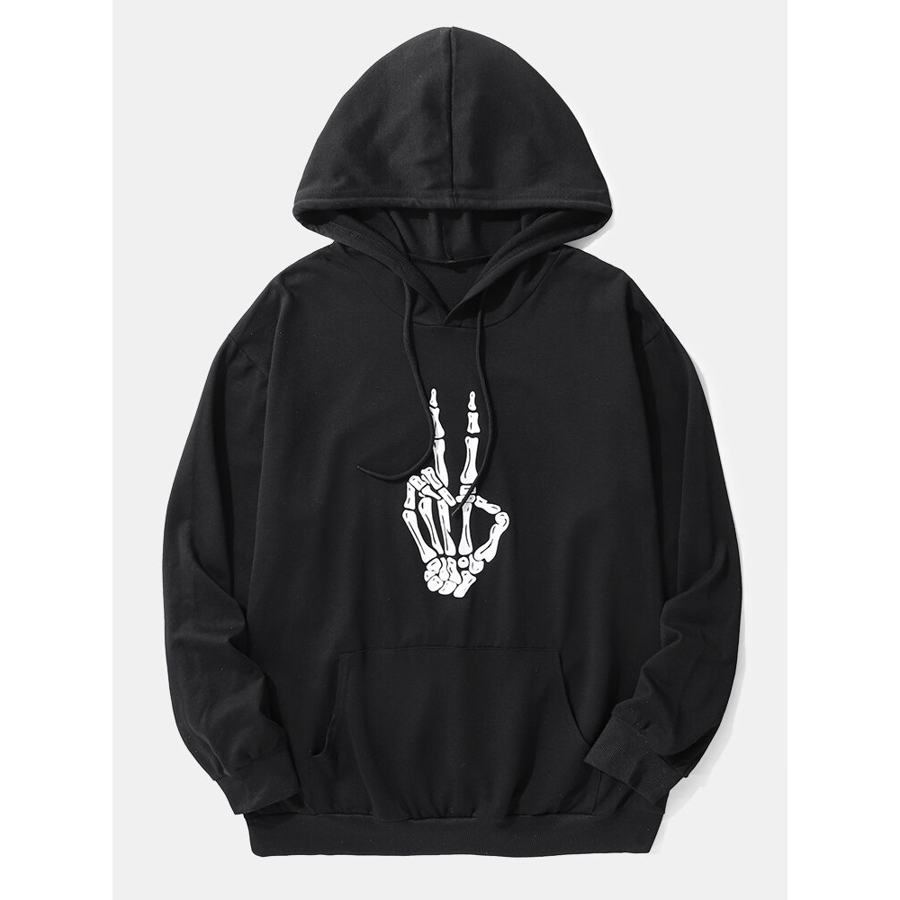 Mens Casual Black Hand Bone Lace-up Pocket Hoodies - Black S