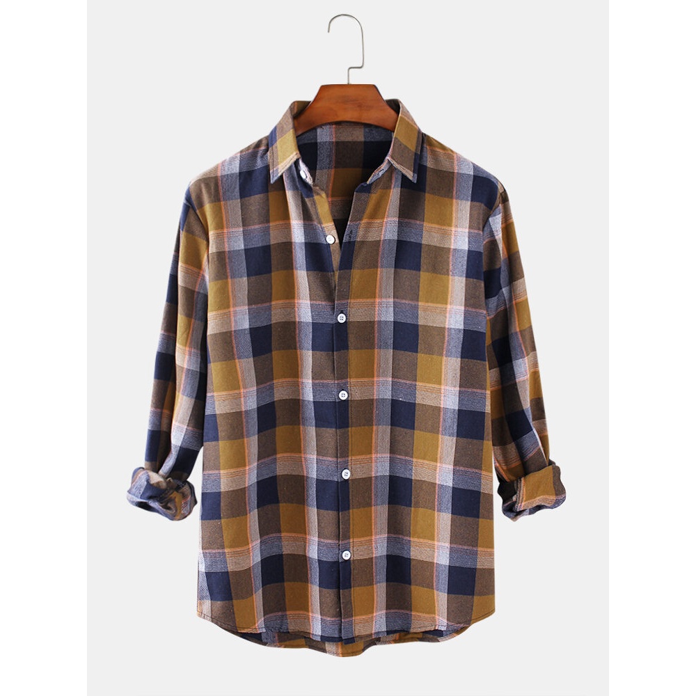 Classic Tartan Check Mens Lapel Collar Long Sleeve Casual Shirts - Red S