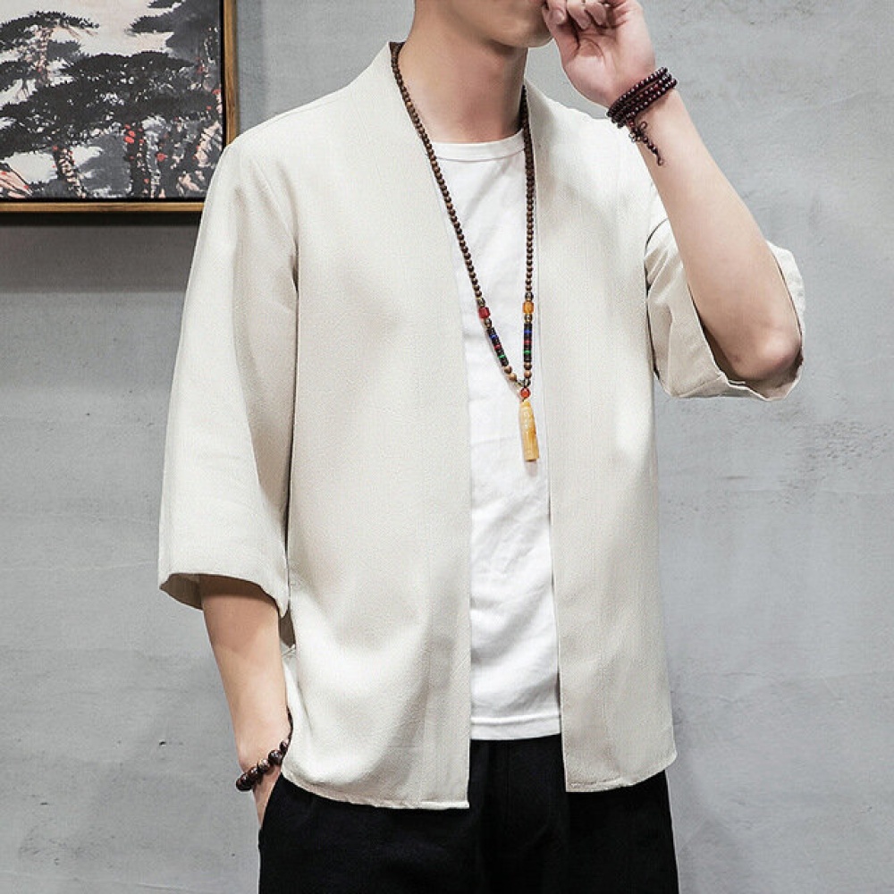 Men's Linen New Chinese Style Retro Casual Wear Solid Color Collar Five-point Sleeve Cardigan Hanfu Jacket - 4XL Hemp color