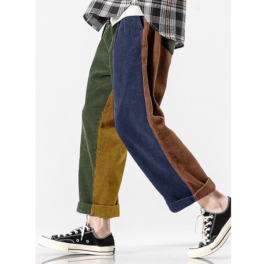 Mens Patchwork Solid Color Corduroy Pocket Casual Pants - S Army Green