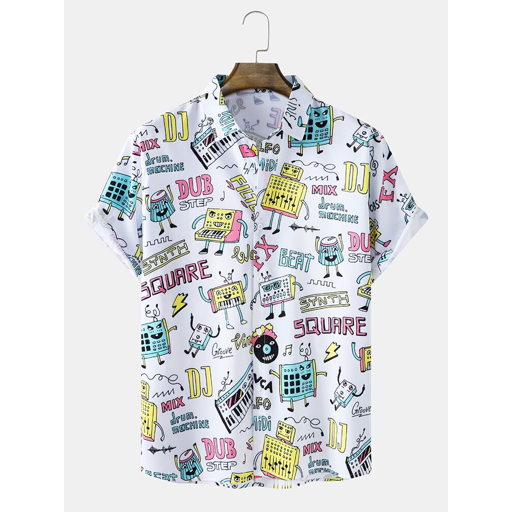 Mens Cartoon Music Print Lapel Short Sleeve Shirt - White 2XL