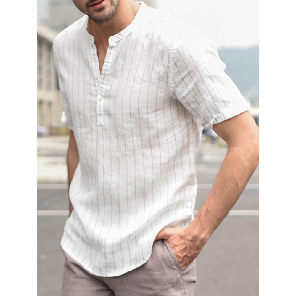 INCERUN Mens V Neck Vertical Striped Printing Summer Short Sleeve Casual Shirts - S Black