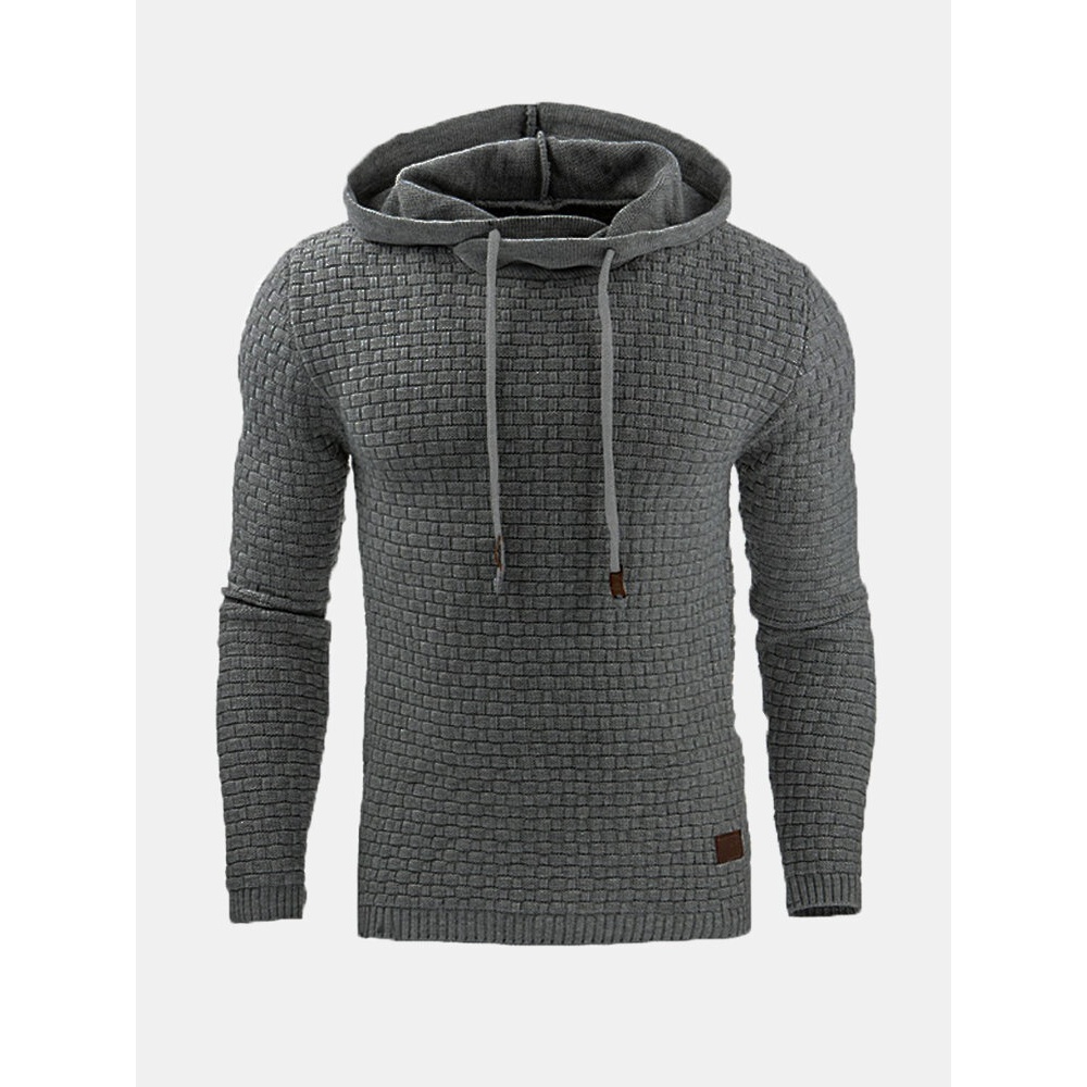 Men Warm Jacquard Hooded Sweatshirts Casual Solid Color Long Sleeve Sport Hoodies - S Black