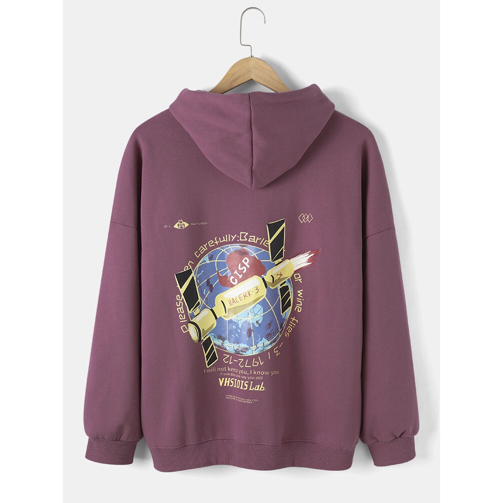 Mens Letter & Satellite Back Print Warm Thick Hoodies With Pocket - White XL