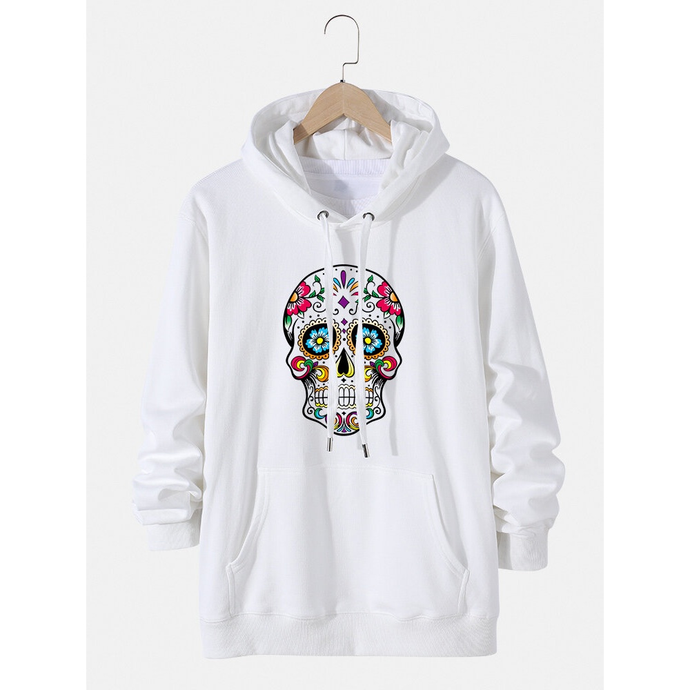 Mens Skull Floral Printed Cotton Drawstring Hoodies With Pouch Pocket - Black XL