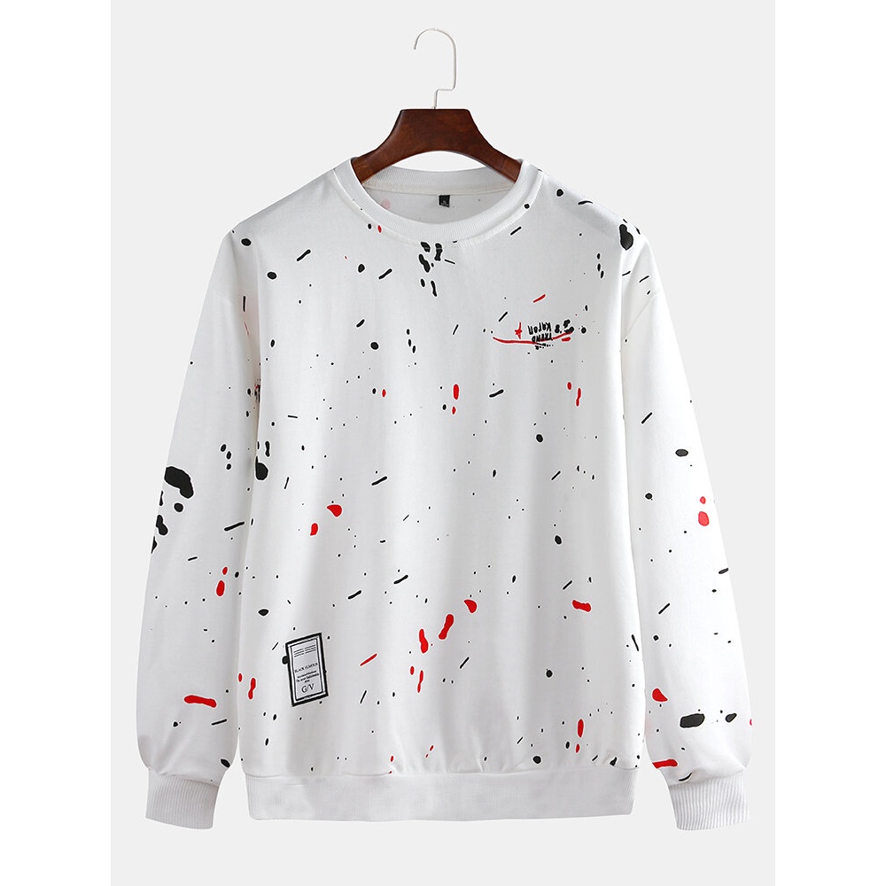 Mens Casual Crew Neck Dot Printing Overhead Long Sleeve Sweatshirt - M White
