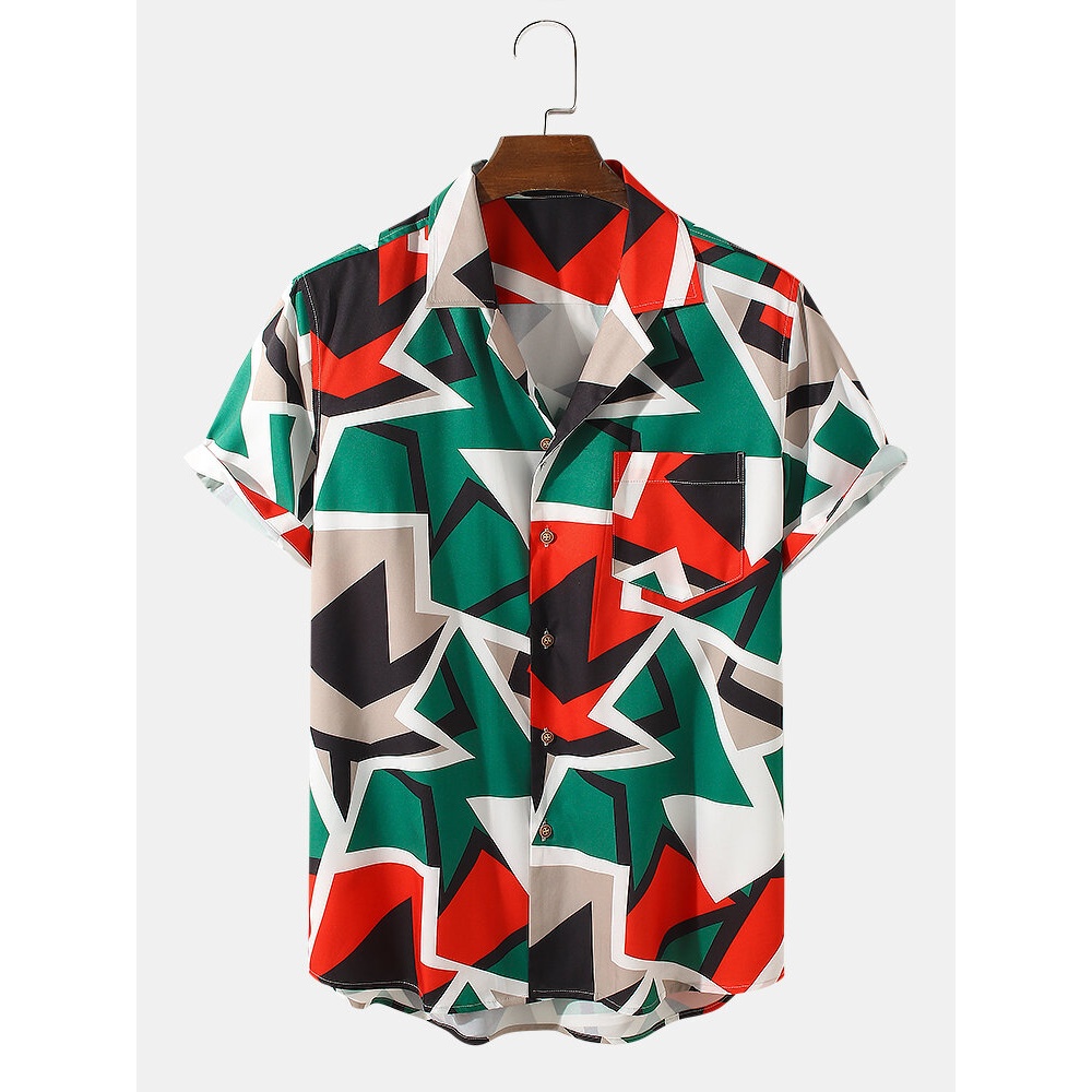 Mens Funny Colorful Color Block Casual Shirts - Green S
