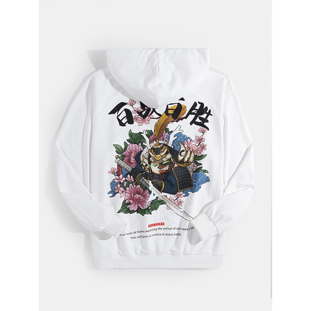 Mens Text Print Cartoon Back Pattern Ukiyoe Hoodies With Pocket - M White