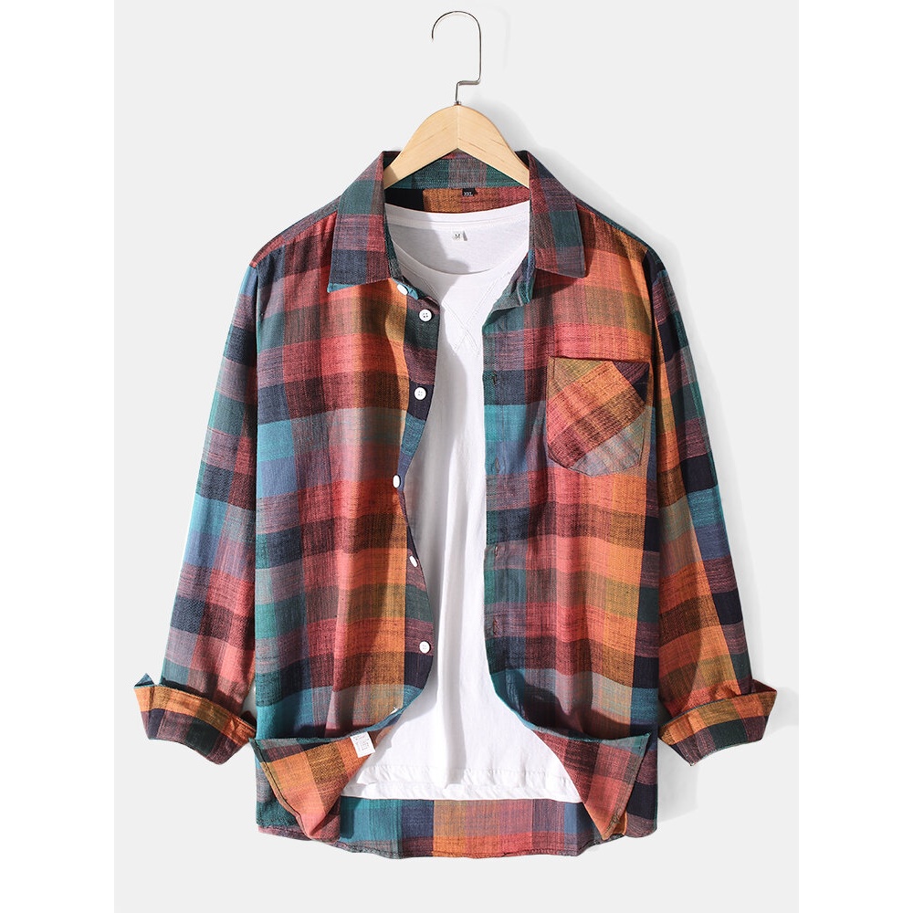 Mens Colorful Plaid Chest Pocket Long Sleeve Lapel Shirts - Yellow 2XL